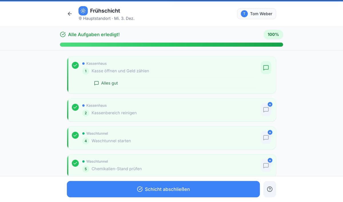 Aufgaben abhaken in WashOps
