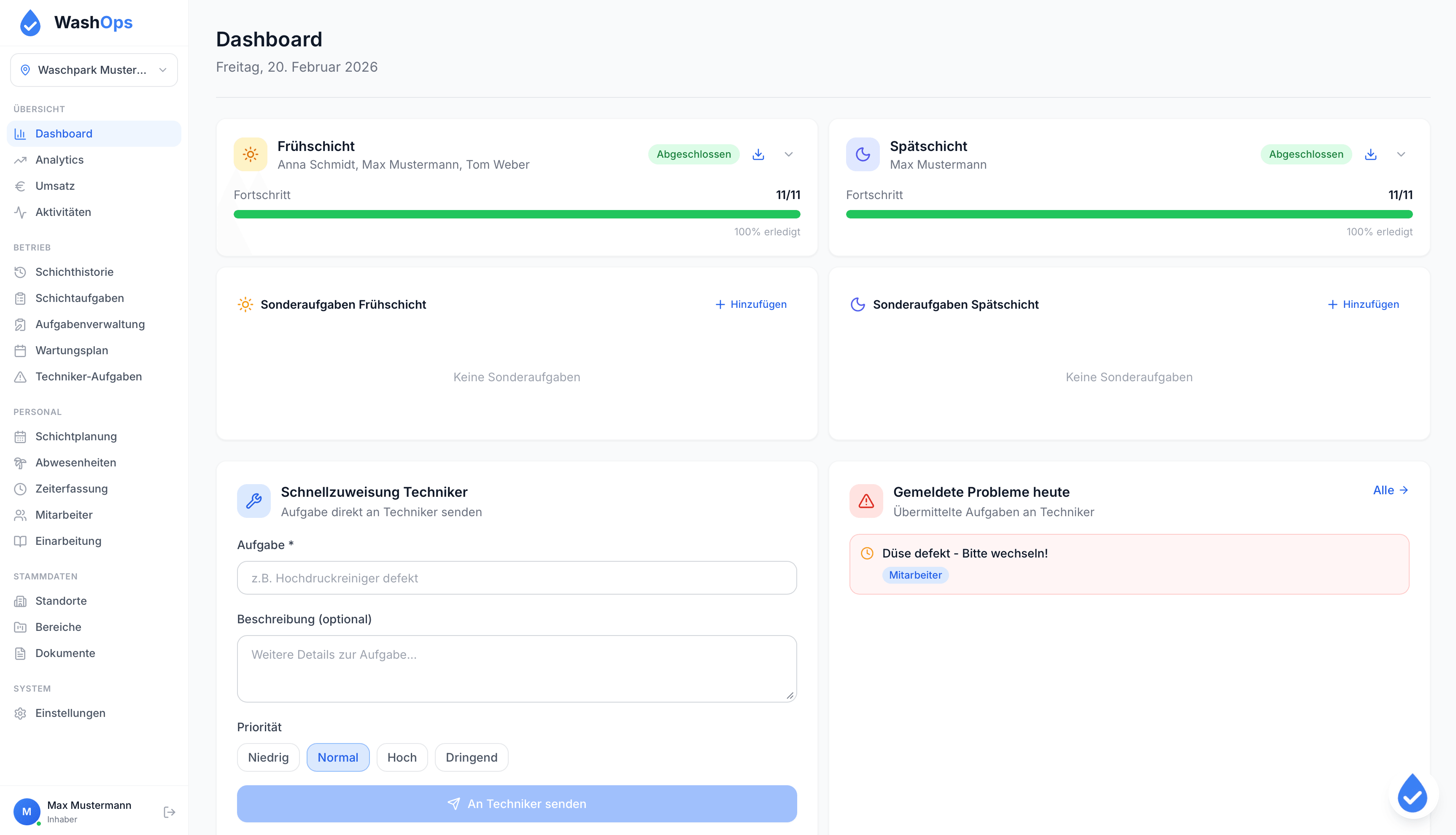 WashOps Admin-Dashboard – Übersicht über Waschstraßen-Betrieb